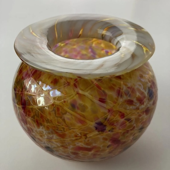 Vase tortoise Swirl hand Blown signed Art Glass Bowl round 4.5 in tall - Picture 10 of 11